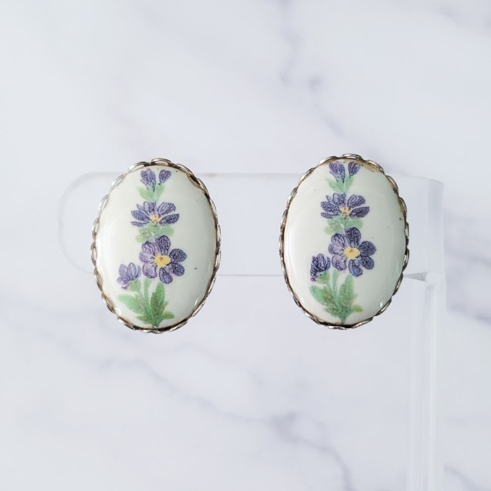 Vintage Screw On Earrings 1" Cream Oval with Purple Flowers